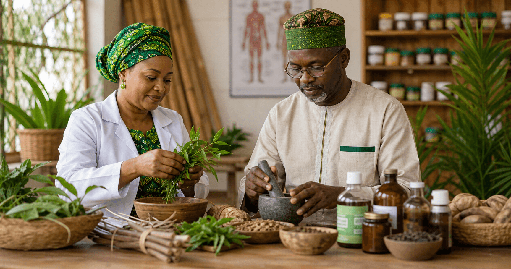 Traditional medicine practitioners preparing botanical remedies