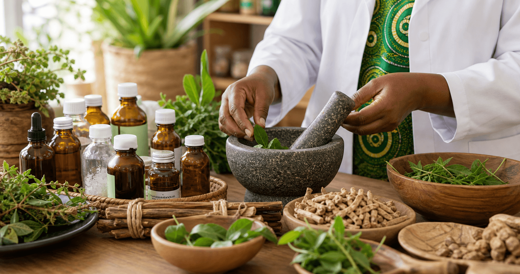Herbal remedies and mortar arranged for traditional medicine practice